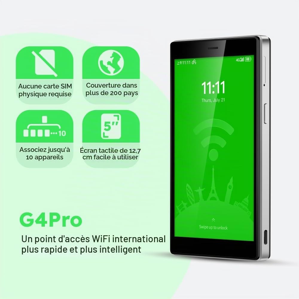 GlocalMe G4 Pro Routeur WLAN Mobile 4G LTE, Hotspot WiFi bi-Bande avec 1GB de données globales et 16GB de données EU+US, Pas Besoin de Carte SIM, Internet en Voyage pour 150+ dans Le Monde Entier