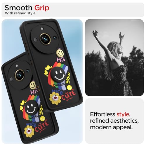 Image of Pikkme Back Cover for Realme 11 Pro /Pro Plus 5G | Soft Silicone| Cute Rainbow Smile & 3D Cartoon Flower Design | Shockproof Raised Camera Protection Bumper Case (Black)