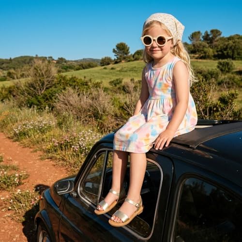 Image of CUSHIONAIRE Clara Casual Flat Girls Sandals, Adjustable Buckle Ankle Strap with Lightweight Cushioned Comfort Kids Sandals