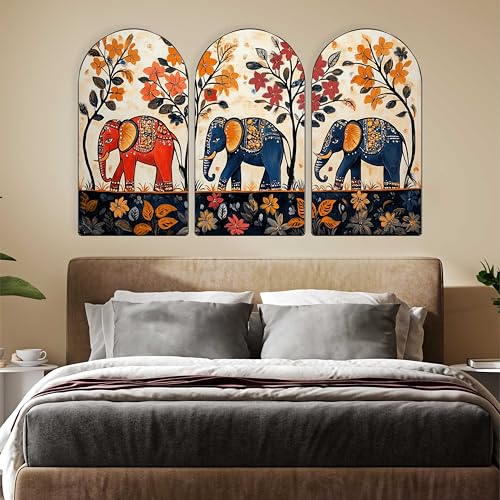 Image of Livin'luxe Elephant Wall Art | Set of 3 MDF Panel Paintings | Traditional Floral & Animal Theme Decorative Wall Hanging for Living Room, Bedroom & Home Interiors