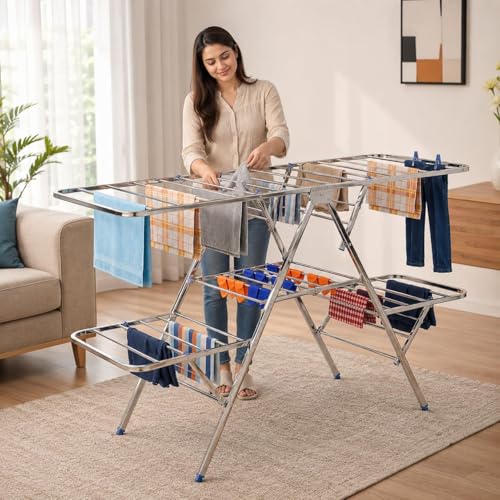 Image of KITCHIVO Foldable Stainless Steel, 4 Layer Laundry Drying Stand, Heavy Duty Garment Dryer for Indoor & Outdoor Use, Space Saving Balcony Cloth Drying Stand (Zig-ZEG)