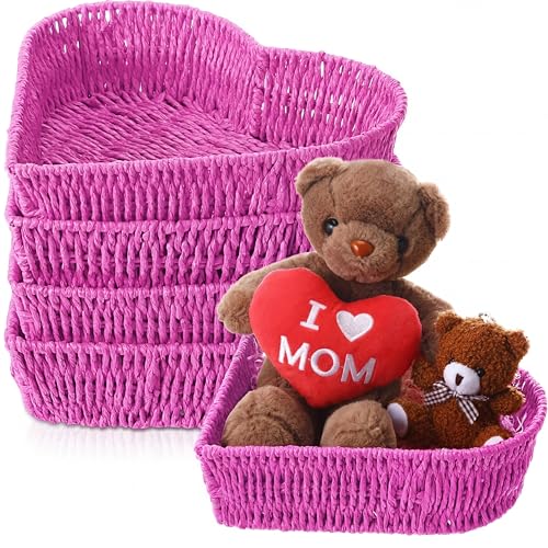 Layhit 4 Pcs Heart Shaped Baskets Woven Heart Bowl Stuffers Storage Mothers Day Serving Platters Trays Valentine Table Decorations for Christmas Anniversary Party Gift(Hot Pink)