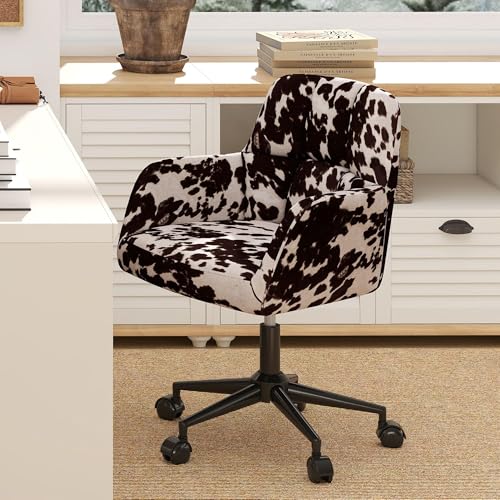 Modern Swivel Home Office Desk Chair with Wheels and Arms, Cow Print Velvet Height Adjustable Comfortable Ergonomic Upholstered Desk Chair, Wide Cute Cowhide Computer Armchair for Living Room Home