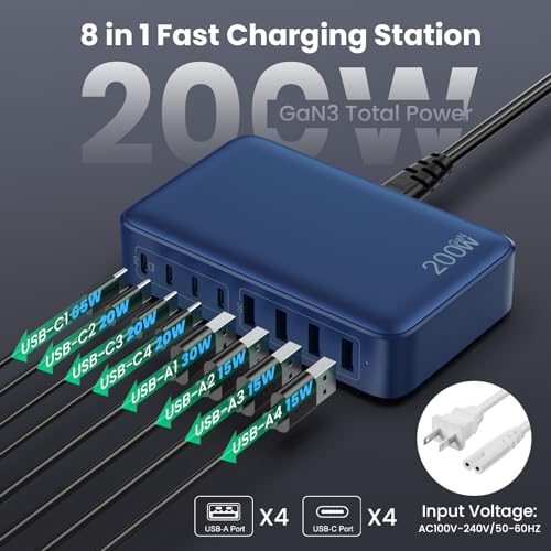 200W Cargador USB C Multiple, GAN III 8-Port USB C Cargador Portátil PD QC PPS Carga Rápida, 65W Portátil Adaptador Cargador Compatible con MacBook Air/Pro, iPhone, iPad Pro, Samsung Galaxy-Azul 200W Cargador USB C Multiple, GAN III 8-Port USB C Cargador Portátil PD QC PPS Carga Rápida, 65W Portátil Adaptador Cargador Compatible con MacBook Air/Pro, iPhone, iPad Pro, Samsung Galaxy-Azul