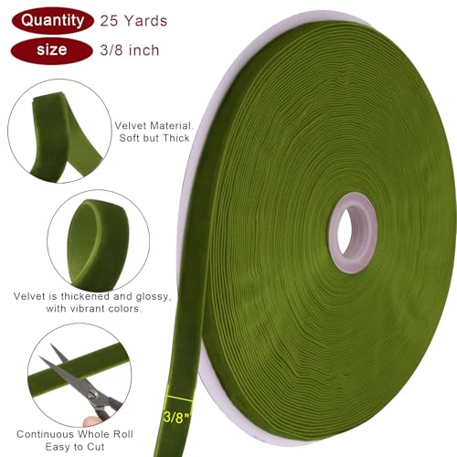 Image of Tsorode 25 Yards Velvet Ribbon for Christmas Tree Gift Wrapping,3 /8 Inch (Olive Green, 3 /8 inch)