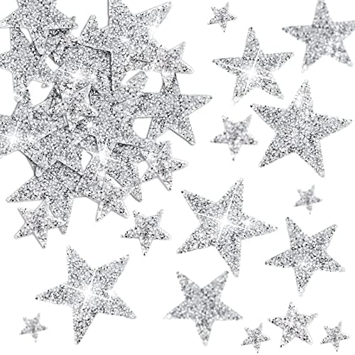 60 Pieces Star Shape Rhinestone Appliques Iron on Star Patches Rhinestone Glitter Star Patches Bling Rhinestone Appliques Embellishments Patches for DIY Accessory(Silver,Mixed Size)