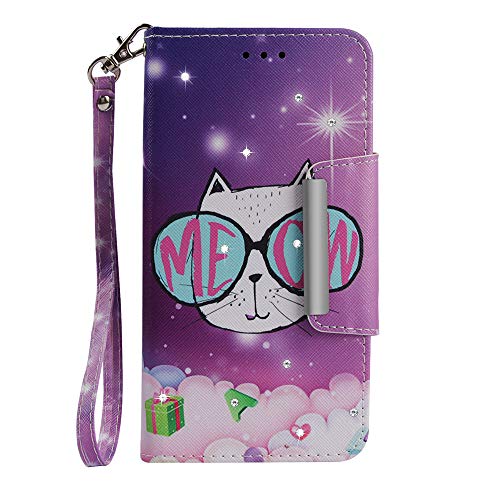 iPhone Xs Case,Ithuriel for iPhone X Wallet Case Dual-Use Flip Pattern Premium PU Leather Fold Flip Pouch Cover Built in Credit Card Slot Wrist Strap Protective Carrying Cases (Glasses cat)