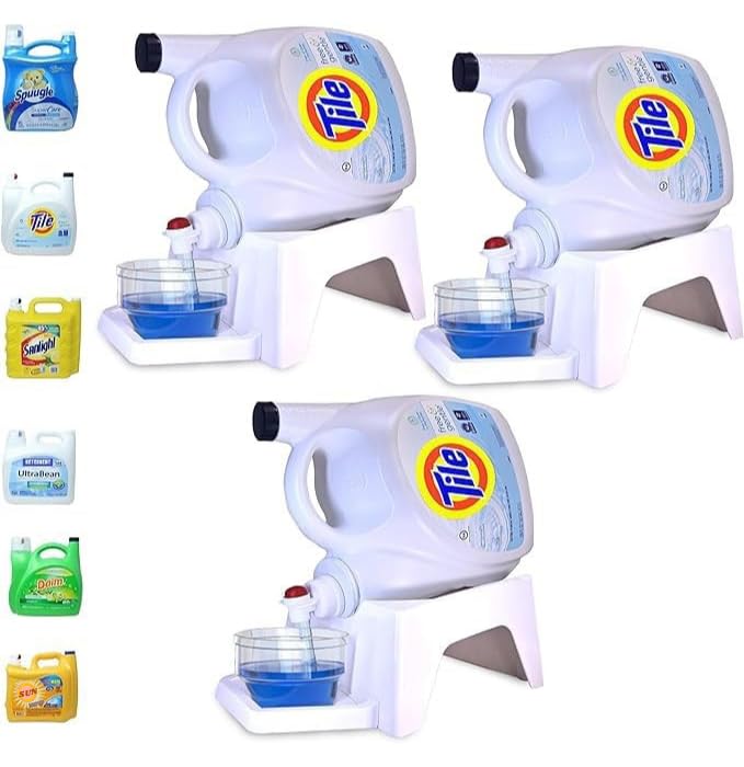 Image of Liquid Laundry Detergent Holder Stand with Drip Tray - 3 Pack - White | Easy Pouring, Rubber Feet, Angled Stand, Fabric Softener Dispenser for Laundry Room Organization & Storage