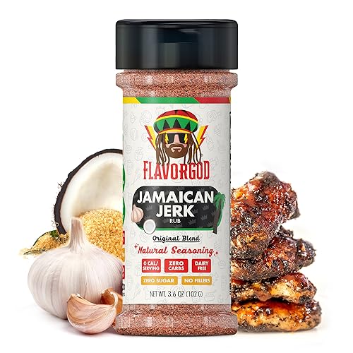 Image of Jamaican Jerk Rub Mix by Flavor God - Premium All Natural & Healthy Spice Blend for Grilling Chicken, Beef, Seafood, Vegetables, Salad, Tacos, Pizza, Pasta - Kosher, Gluten-Free, Dairy-Free, Vegan, Keto Friendly BBQ & Steak Rub