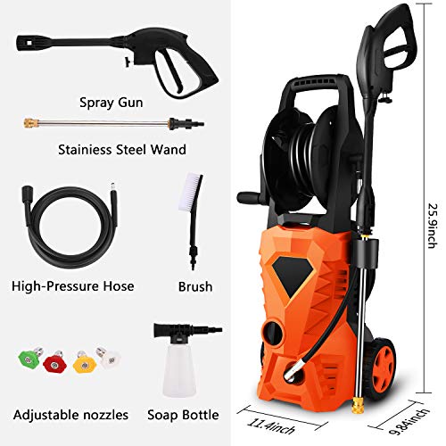 Suyncll Pressure Washer 3000PSI Electric Power Washer with Hose Reel and Brush,High Pressure Washer for Driveway Fence Patio Deck Cleaning (Orange)