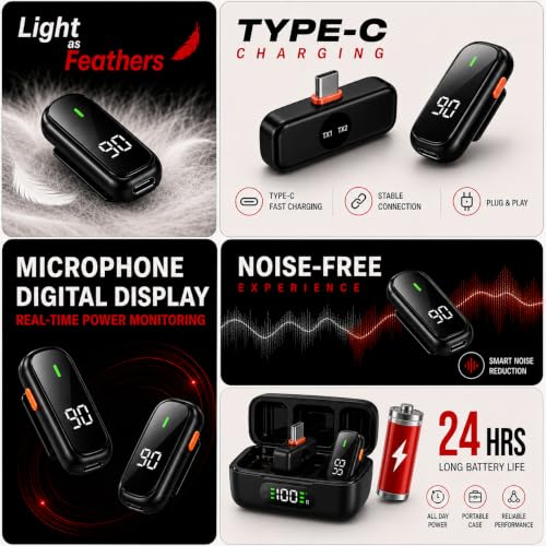 Image of Primate S50 Magnetic Wireless Microphone for YouTube, 3-Level Noise Cancellation, 52H Charging Case, Clip-On Lavalier Mic for Android & iPhone, Wireless Mic for Vlogging, Live Streaming