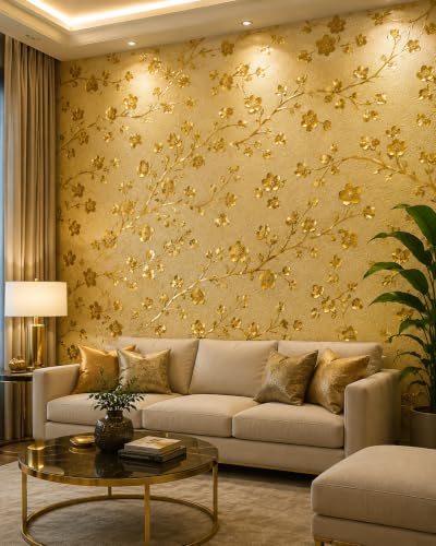RADIANCE REVIVE Golden Flowers Self Adhesive Wallpaper Roll - Image 2