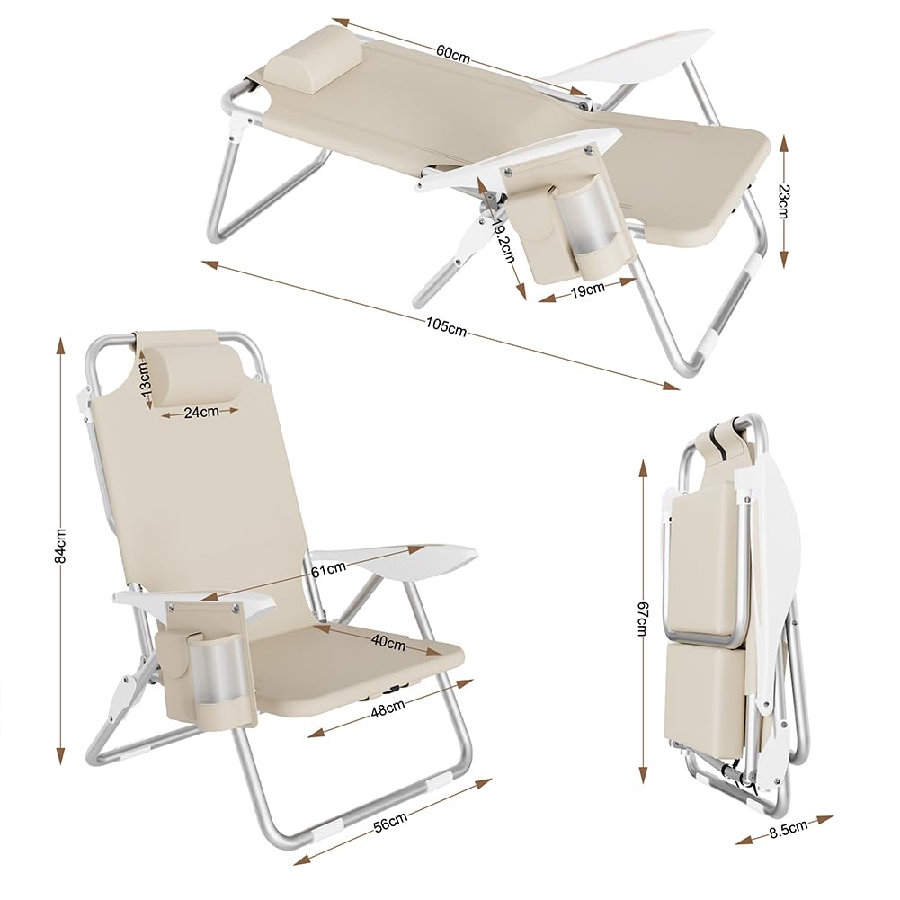 BAKAJI Sedia Pieghevole da Spiaggia in Alluminio con Tasca e Borsa Termica (Beige)