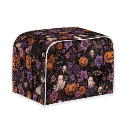 Image of Talayituse Ghost Skull Pumpkin Flower Print Toaster Cover 2 Slice Wide Slot, Lightweight Bread Maker Cover Dust Protection Washable Appliance Bag Halloween Decor, S