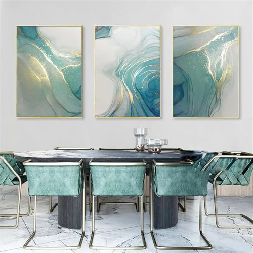 WBYZAC Juego de 3 Lienzos Abstractos para Pared Impresiones Nórdicas Con Textura de Mármol Turquesa y Dorado para Decoración de Sala de Estar Cocina y Oficina 40 * 50Cm (Impresión Sin Marco)
