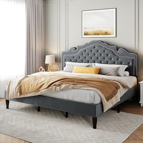 SHA CERLIN King Size Platfrom Bed Frame with Adjustable Headboard/Velvet Upholstered Diamond Button Tufted and Metal Studs/No Box Spring Needed/Easy Assembly/Woodenen Slat Support/Light Grey