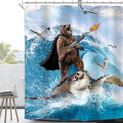 Homewelle Funny Bear Surfing Shower Curtain Cool Bear Riding Sea Turtle Tortoise Seagull 60Wx72H Inch Ocean Waves Nautical Marine Novelty for Kids Boys Waterproof Polyester Fabric Bathroom Bathtub Cover