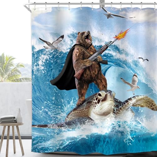 Image of Funny Bear Surfing Shower Curtain Ocean Waves 60Wx72H Inch Decor | Hilarious Bear Riding Sea Turtle Nautical Blue Marine Novelty Print Waterproof Polyester Fabric Bathroom 12 Hooks
