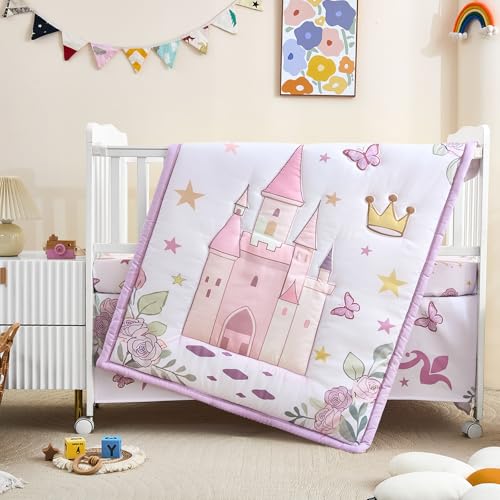 Image of 3-Piece Crib Bedding Set for Girls - Ultra Soft Baby Bedding Set Includes Crib Comforter, Sheet & Skirt (Purple)
