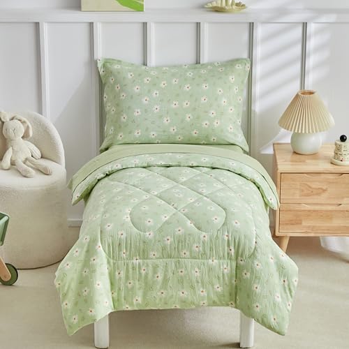 Image of DuShow Green Floral Toddler Bedding Set,4 Pieces Toddler Crib Bed Sheet Set for Girls and Boys,Soft Toddler Comforter Set Includes Comforter,Flat Sheet,Fitted Sheet,Pillowcase