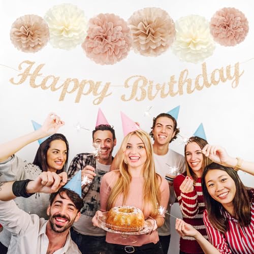 Image of Champagne Rose-Gold Beige Birthday Party-Decorations - 14pcs Happy Banner Boho Lanterns Tissue Pom Poms,Rustic Streamers Garland Fans,Neutral One Sweet Peach Girls Women Hanging Supplies Decor Hugfond