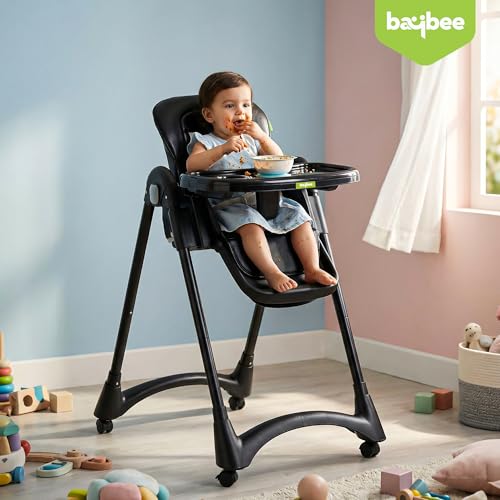 Image of BAYBEE High Chair for Baby 6 to 18 Months, 6-Level Height Adjustable Feeding Chair with Reclining Backrest, Foldable Frame, 5-Point Safety Harness, Double Removable Tray, Footrest & Lockable Wheels (Black)