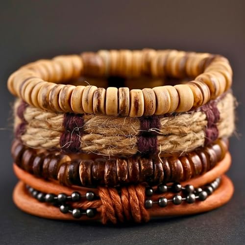 Image of THE MEN THING RUSTBORNE - 4 Pcs Brown Genuine Leather Adjustable Bracelet Set for Men & Boys (8 inch)
