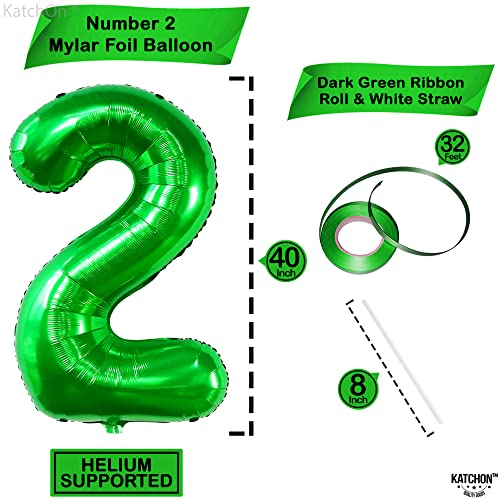 Image of KatchOn Giant Green Number 2 Balloon, 40 Inches, Perfect for 2nd Birthday Decorations, Tractor Party Supplies, Dinosaur Theme | Large Mylar Number one Balloon, Perfect for 2nd Birthday Decorations, Tractor Party Supplies, Dinosaur Theme