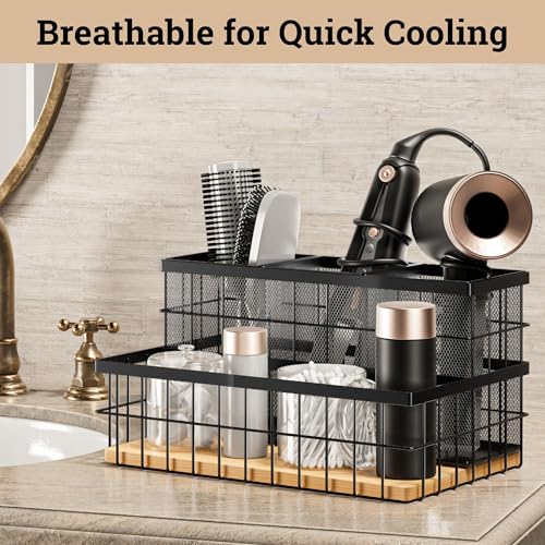 Hair Tool Organizer Countertop - Breathable Metal & Bamboo Hot Tools Organizer for Vanity - Hot Hair Tools Organizer Under Sink - Bathroom Hair Dryer Holder Countertop - Curling Iron Holder Countertop - Image 4