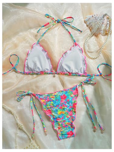 Women's 2 Piece Floral Halter Bikini Set Ruffle Trim High Cut String Swimsuits Boho Bathing Suits2