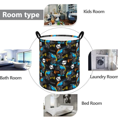 Image of Boys Storage Basket Kids Hamper, 15.7 inchD x19.7 inchH, Monster Truck Print Waterproof Lining, Leather Handles, Collapsible for Boys Toys, Laundry, Kids Gift