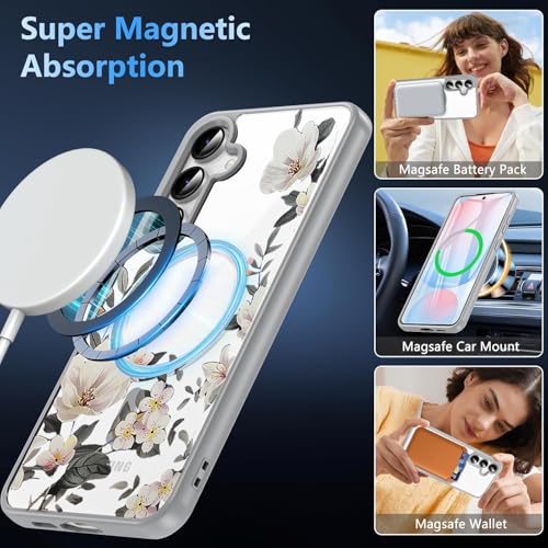 Image of VONZEE Compatible with Samsung S24 FE 5G Case Luxury Retro Flowers Floral Clear for Magnetic Wireless Charging Case Shockproof Case PC+TPU Cute Glossy Shiny Cover for Girls Women|Grey