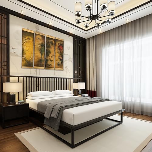 4-Piece Large Wall Scroll Hanging Painting Decor, Ancient Replica Vintage Flowers and Birds Paintings, Plum Orchid Bamboo Chrysanthemum Bird