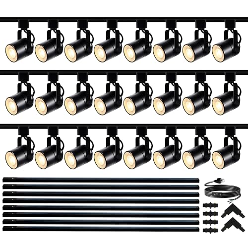 Image of GU10 LED Black Track Lighting Complete Kit, 3000K Warm White, 24 Packs GU10 Dimmable Ceiling Spotlight Fixture with 26.24ft H Type Track Rails, Replaceable 10W LED Bulbs for Home