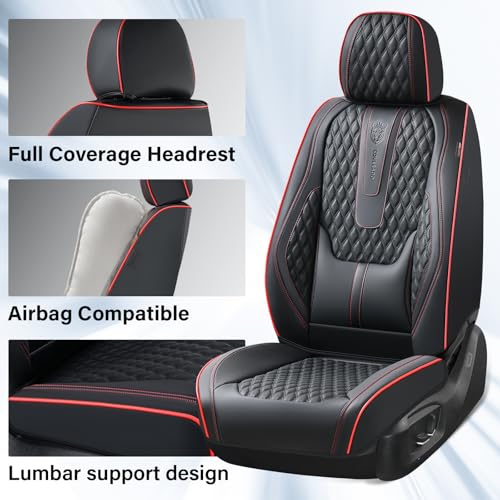 Image of Coverado Car Seat Covers Full Set, Nappa Leather Seat Covers for Car, Waterproof Car Seat Protector with Lumbar Support, Automotive Seat Covers Universal Fit for Most Cars SUV Trucks (Black-Red line)