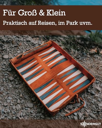 Sondergut Backgammon Deluxe - Patentiertes Klappdesign & Echtleder - Edles Design - Premium Buchenholz Spielsteine 30x40cm