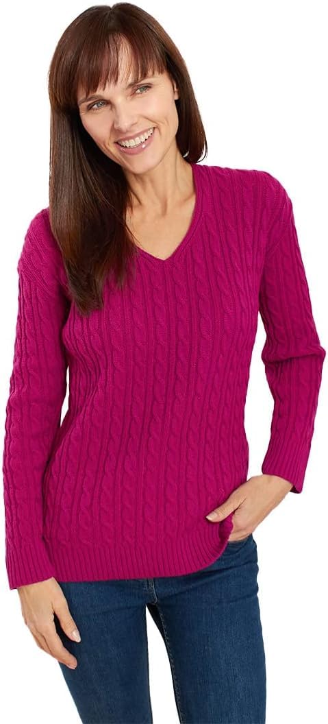 Fashion Friendly Women's Magenta V-Neck Cable Knit Jumper 2 Extra Large (Xl/2Xl)