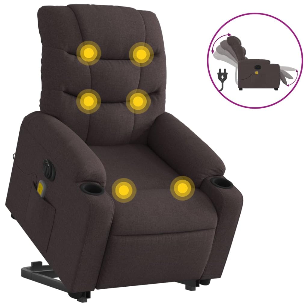 Sillón elevador eléctrico reclinable con 6 puntos de vibración, tejido marrón oscuro, función de elevación e inclinación de 135 grados, estructura estable, cómoda