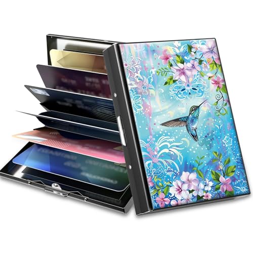 Slim Credit Card Holder, Hummingbird and Flowers RFID Blocking Metal Wallet for Men & Women, Aluminum Minimalist Hard Case Pocket-Sized Business Cards Organizer (Fits Up to 10 Cards)