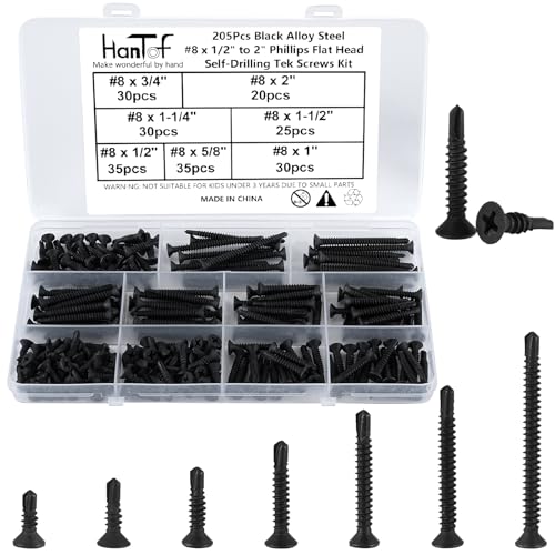 Hantof HTF0108-BLACK 205Pcs Black Flat Head Self-Drilling Screws cover