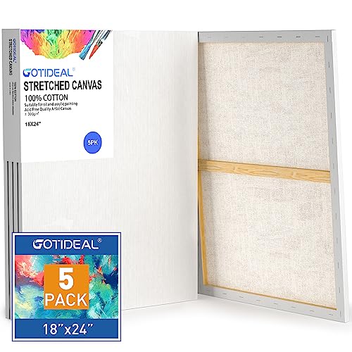 Image of GOTIDEAL Stretched Canvases for Painting, 18x24 inch Inch Set of 5, Primed White - 100% Cotton Blank Art Canvas Boards for Painting for Acrylic Pouring, Oil Paint Dry & Wet Art Media