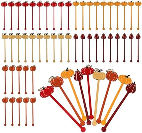 50 Pcs Pumpkin Drink Stirrers Bulk, 5.91 Inch Wooden Halloween Cocktail Picks with 5 Unique Autumn Orange Designs, Fall Party Supplies for Coffee, Beverages, Halloween Decor