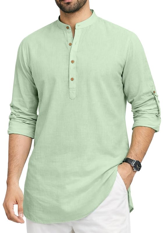 Pepe Jeans Menâ€™s Solid Cotton Blend Short Kurta Shirt | Full Sleeve Mandarin Collar | Summer Wear Stylish Ethnic Kurta Shirt for Men in neutral