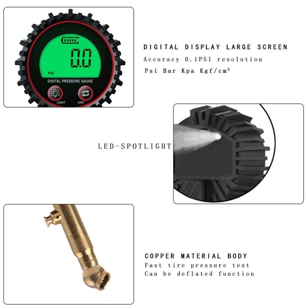 AGAATI Manómetro Digital para neumáticos, Mandril de Aire y Accesorios para compresores, Pantalla LCD, Foco LED Resistente, 255PSI