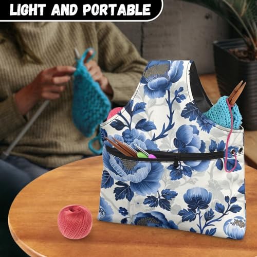 Image of Blue Floral Yarn Storage Bag for Crocheting Lightweight Knitting Bags and Totes Holding Yarn Crochet Hook Needles,Large