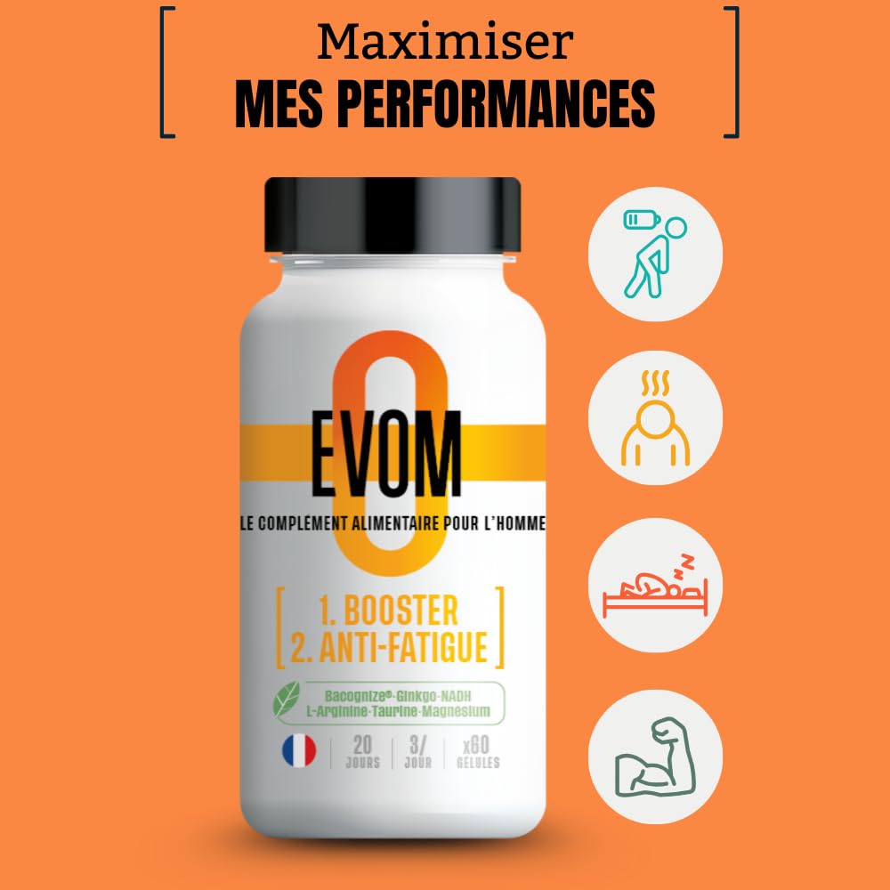Booster Anti Fatigue Homme EVOM - Énergie Physique et Tonus Mental - Magnésium (26% VNR), Bacopa BACOGNIZE®, Ginkgo, NADH, acides aminés – Cure 20 jours – Complément Alimentaire Pour Homme