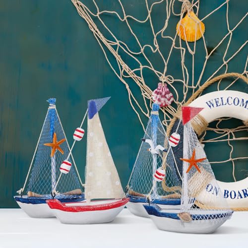 NUOBESTY Mini Wooden Sailboat Decor 4Pcs Set Nautical Model Boat for Coastal Home Bathroom Tabletop Ocean Room Decoration