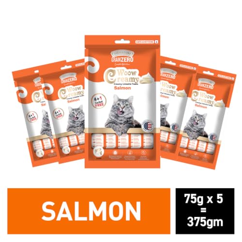 Image of Grain Zero Creamy Lickable Cat Treats (75g x 5 Pouches) Total 375g | Salmon | Promotes Hydration | No Artificial Preservatives | Best for Training & Bonding | for Kitten & Adult