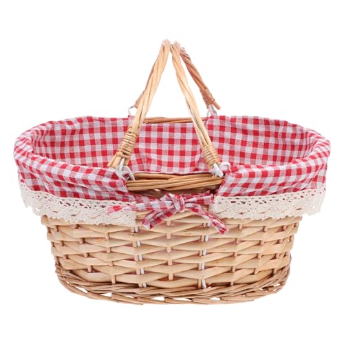 HOUDERCO Cesta para Almacenamiento de Frutas Tejida de Ratán y Tela Ligera Asas Móviles de Picnic y Decoración Mesa al Aire Libre