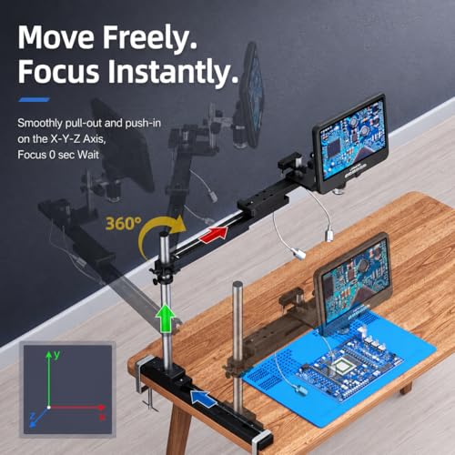 Image of LM210A 10.1 inch HDMI Digital Microscope for Soldering with Slide Rail Arm Stand, Professional Electronic Microscope Camera for Adults, UHD 2160P Video 52MP, Windows PC View, 32GB